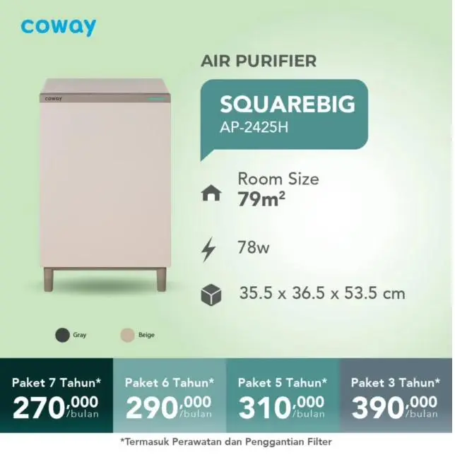 Air Purifier Coway SquareBig AP-2425H untuk ruangan 79m² mulai Rp 270.000/bulan