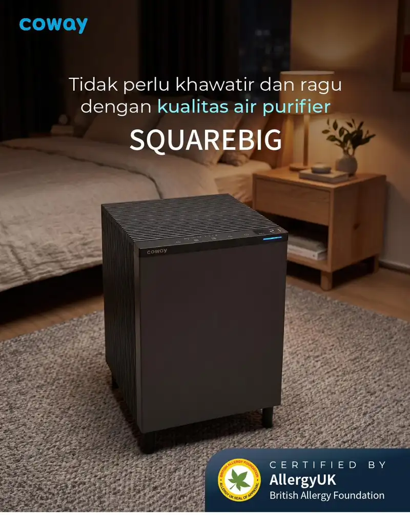 Air Purifier Coway SquareBig di kamar tidur modern — udara bersih sepanjang malam
