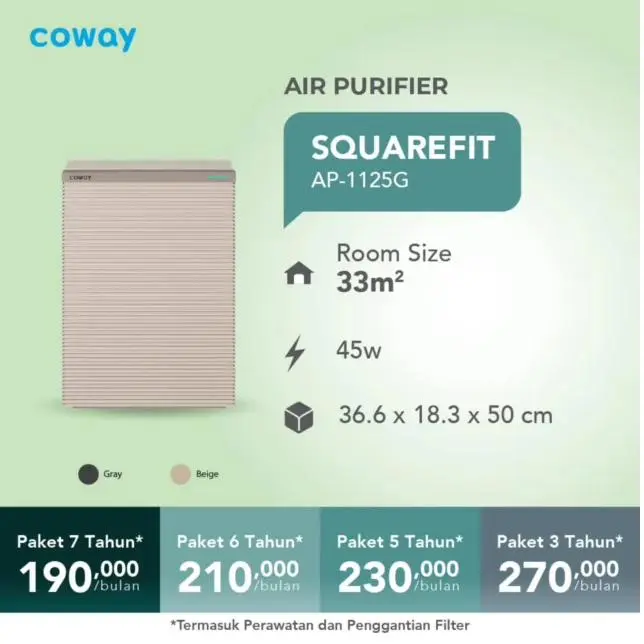 Air Purifier Coway SquareFit AP-1125G untuk ruangan 33m² mulai Rp 190.000/bulan