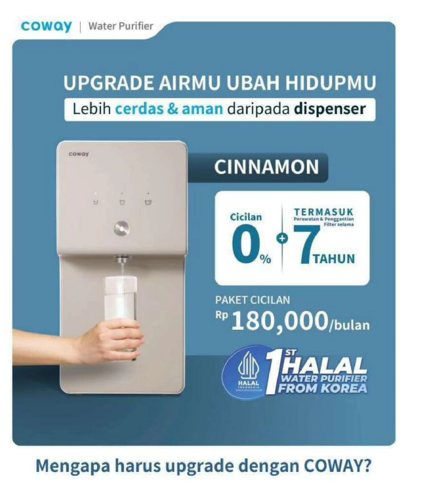 Water Purifier Coway Indonesia Cinnamon P-6320L — pemurni air RO compact untuk 2-3 orang cicilan Rp 180.000/bulan